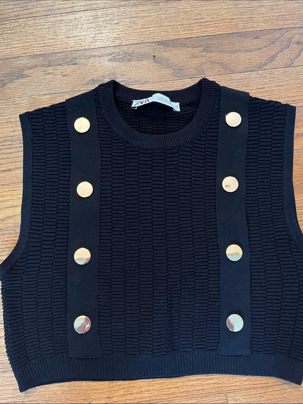 Zara Black Cropped Knit Vest with Gold Disc Buttons
